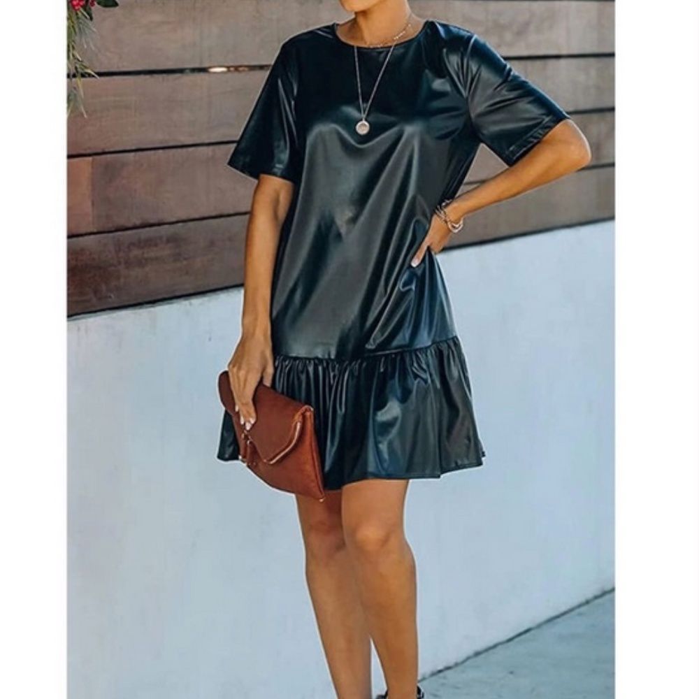 Ruffle Faux Leather Mini Dress